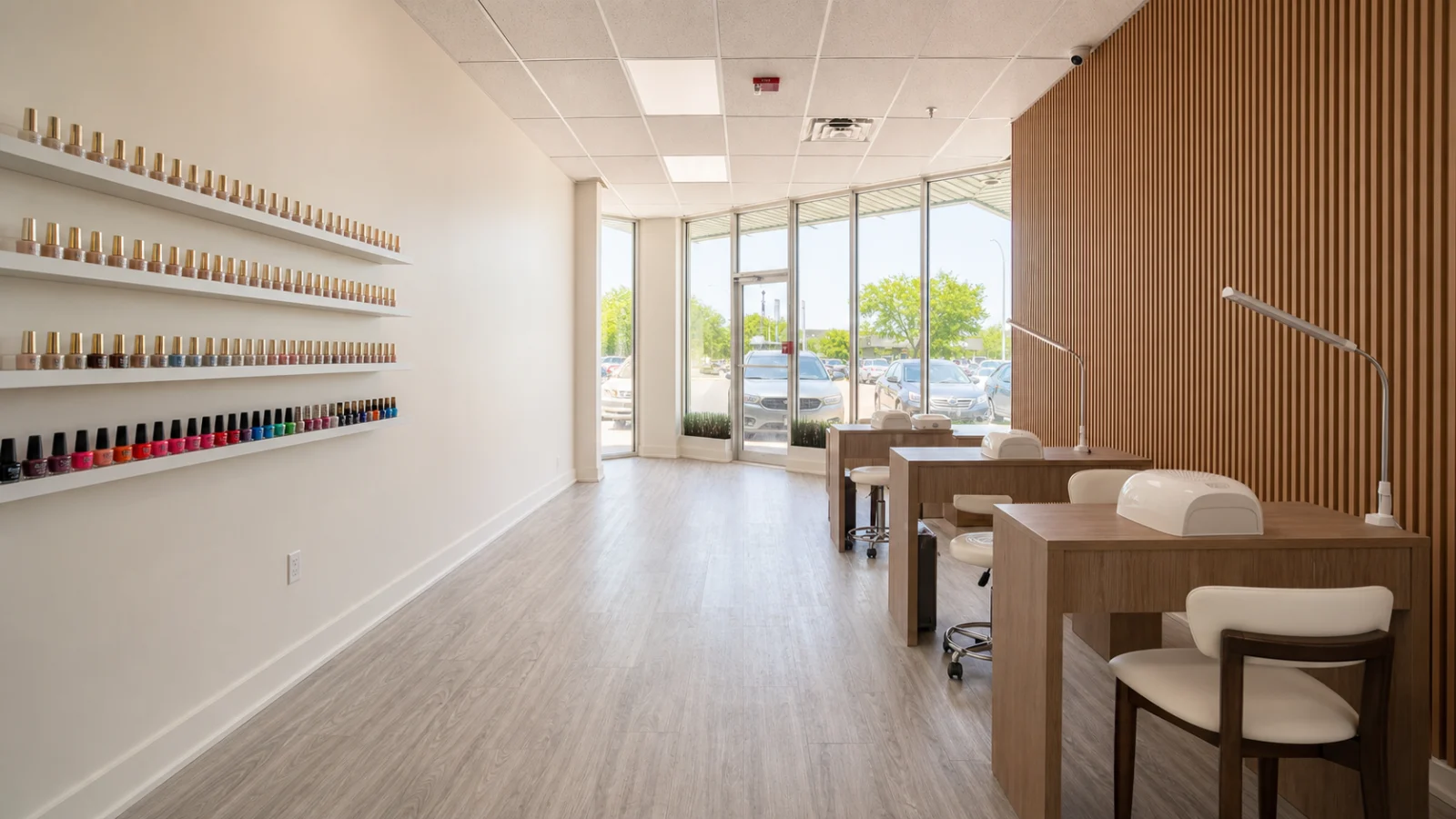 Reverse wide view from the manicure floor toward the bright storefront at The Hestia Nail Bar