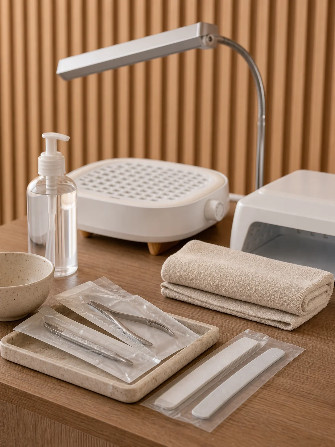 Freshly sanitized manicure tools, files and folded beige towels at The Hestia Nail Bar