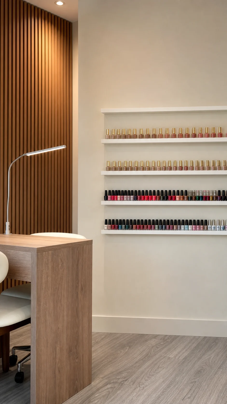 Orderly nail colour shelves beside a warm walnut manicure station at The Hestia Nail Bar