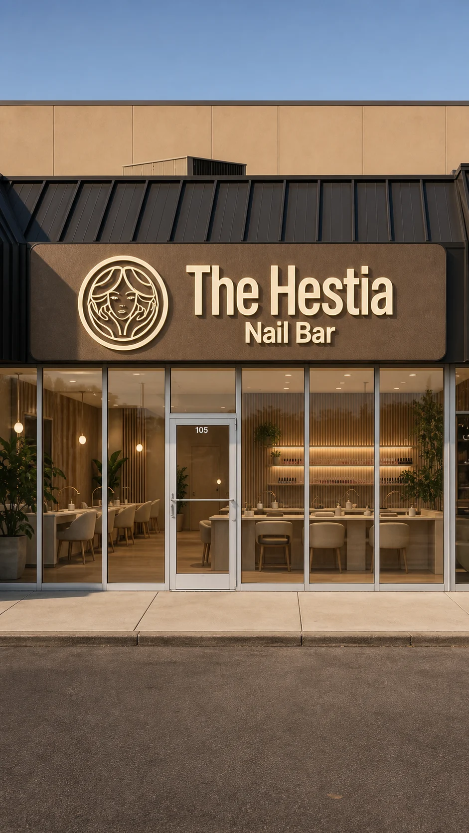 The Hestia Nail Bar storefront in warm morning light with an unobstructed entrance
